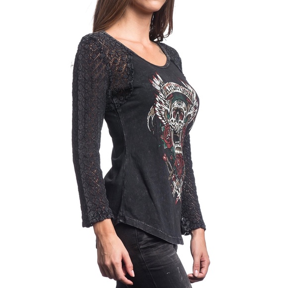 AFFLICTION Screamin Roses Crochet Sleeve T-Shirt - Picture 3 of 10